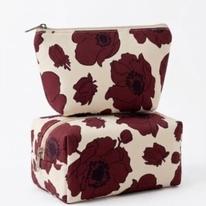 Maroon Floral Print Waterproof Inner Cosmetic & Travel Pouch Set - Image 3