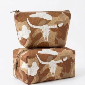 Brown Western Skull Print Waterproof Inner Cosmetic & Travel Pouch Set