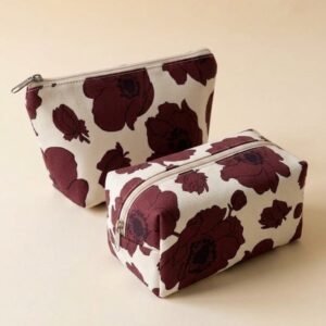 Maroon Floral Print Waterproof Inner Cosmetic & Travel Pouch Set