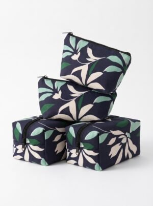 Botanical Floral Navy Zipped Pouches – 4-Piece Set