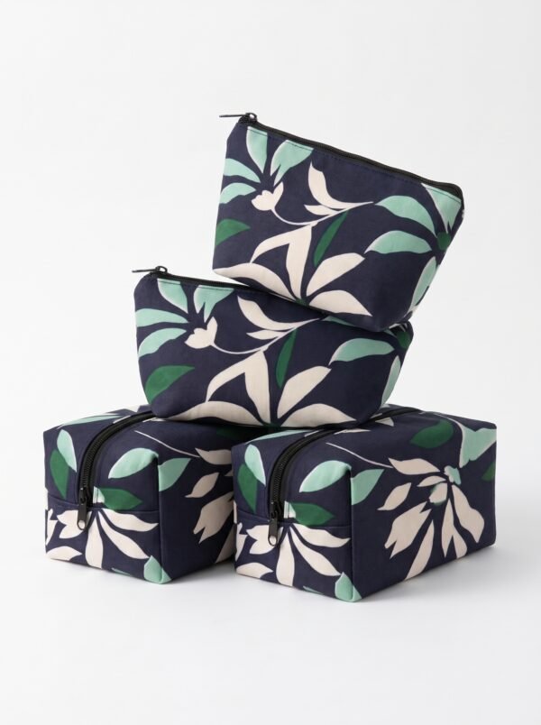 Botanical Floral Navy Zipped Pouches – 4-Piece Set