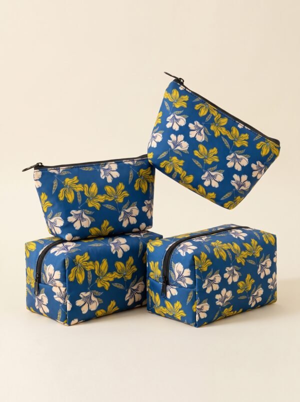 Blue Floral Waterproof Cosmetic & Toiletry Bag Set (4-Piece)